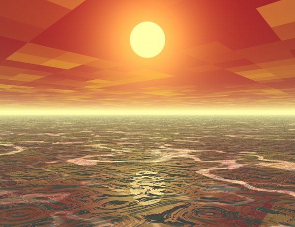 a 3D rendered image of a swirling green ocean that extends as far as is visible. the sky is burnt orange with highly pixelated yellow clouds and a bright yellow sun in the center.